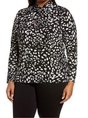 VINCE CAMUTO Abstract Animal Print High-Collar Keyhole Blouse - Rick Black 1X